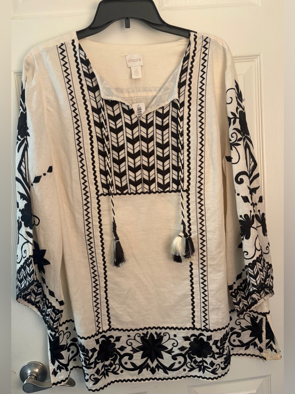 NWT Chico’s Black White Embroidered Boho Tunic Top Size 2